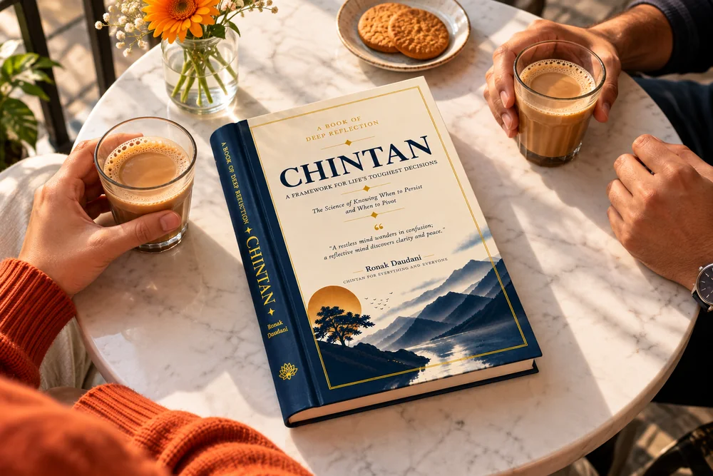 Two cups of chai and CHINTAN on a cafe table