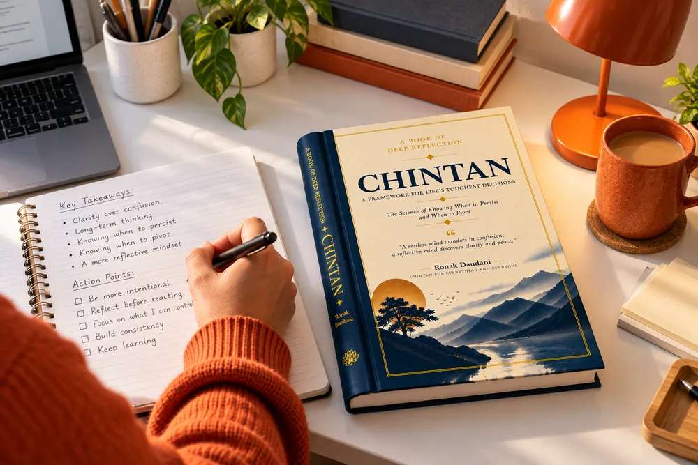 A study desk with notes and CHINTAN