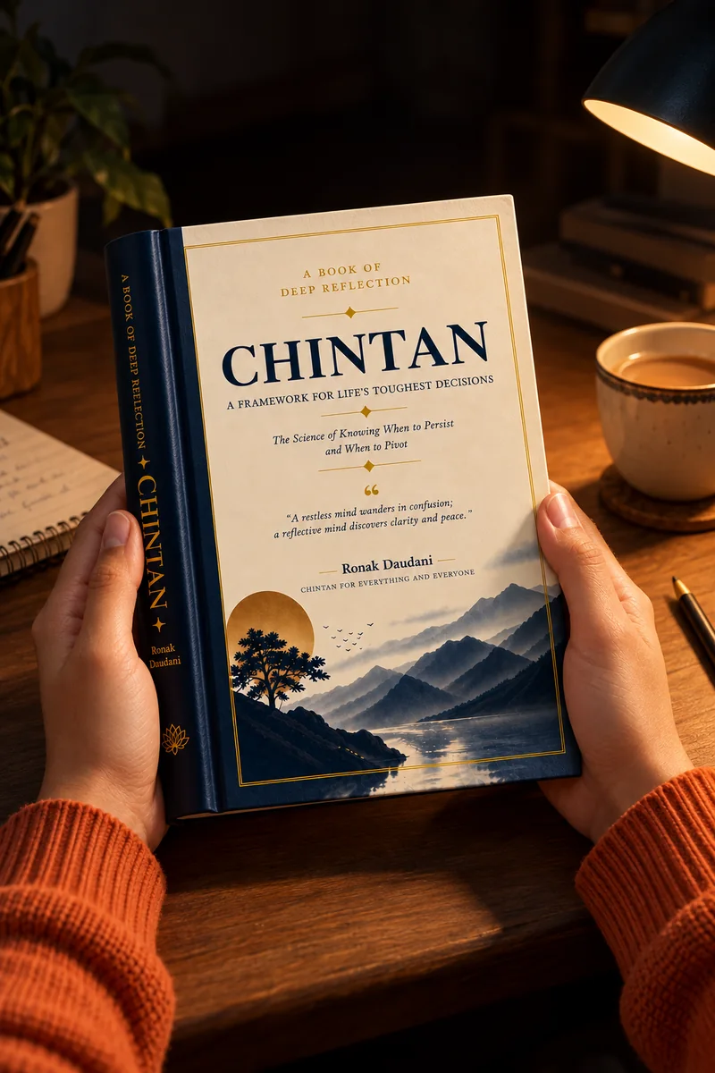 Hands holding CHINTAN under a desk lamp at night
