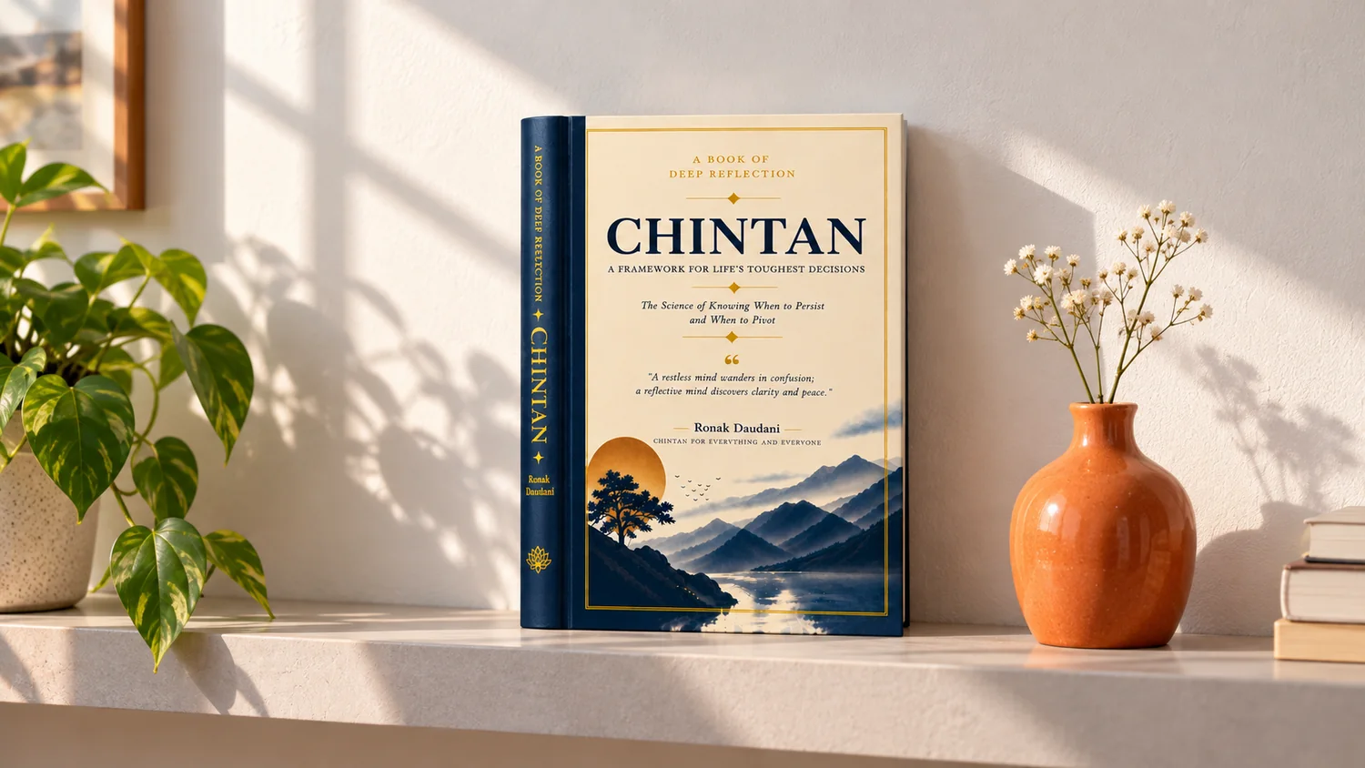 CHINTAN on a shelf beside an orange vase